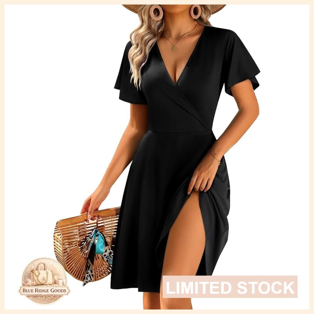 Floral Wrap Sundress Ruffle Sleeve A-Line Party Dress with Pockets